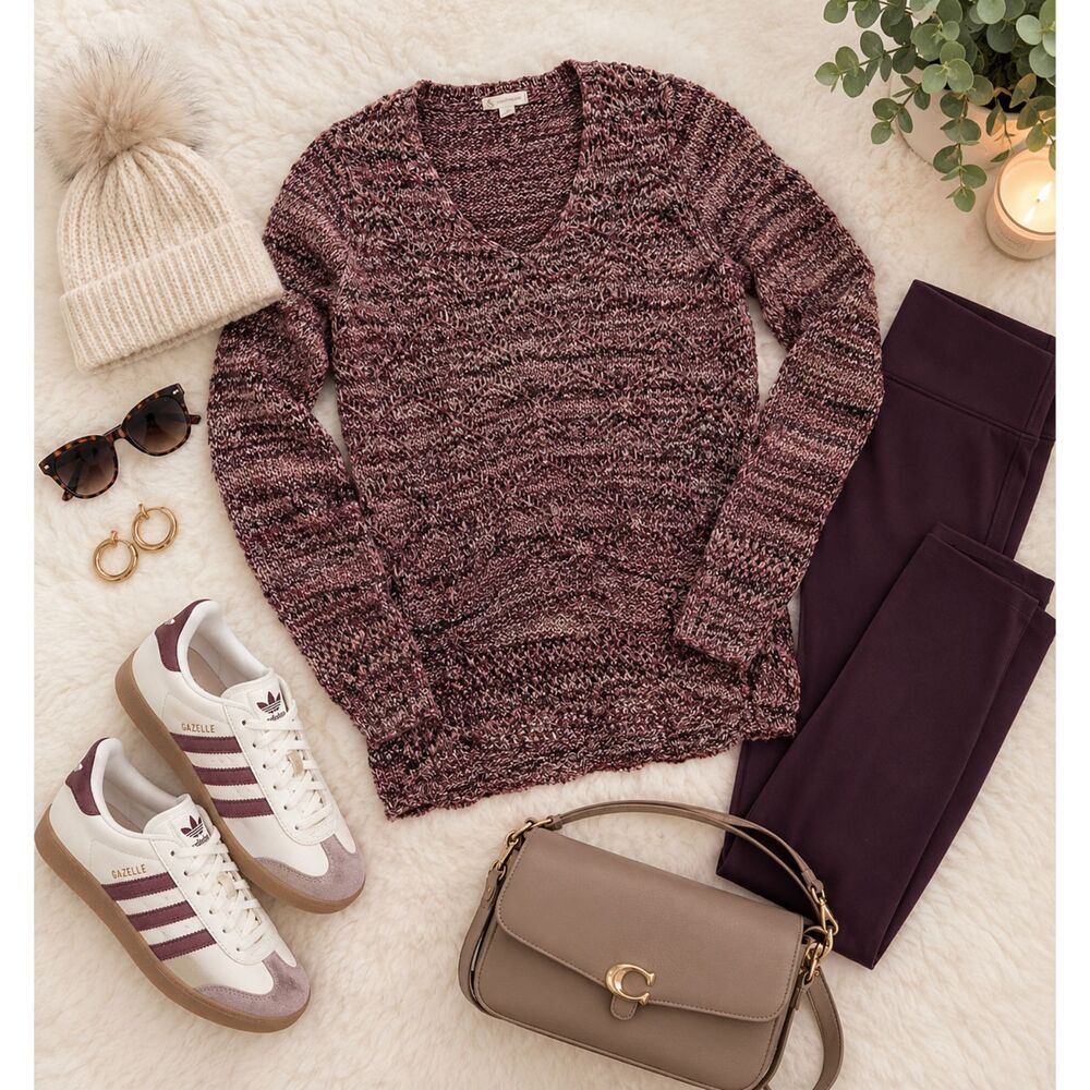 CB Established 1962 Women’s Medium Maroon Plum V-Neck Textured Knit Sweater Boho